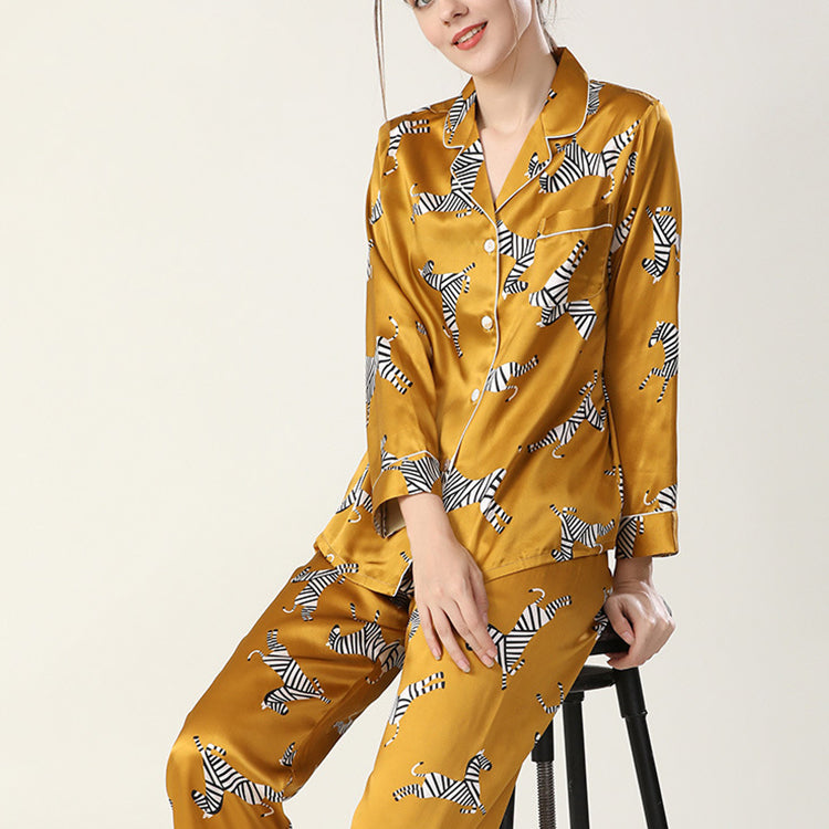 19Momme Pure Mulberry Silk Long Sleeves Notch Collar Printing Pajamas Set [SKPA0030]