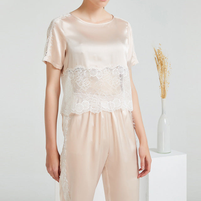 19Momme Pure Mulberry Silk Short Sleeves Round Collar Lace Pajamas Set [SKPA0010]