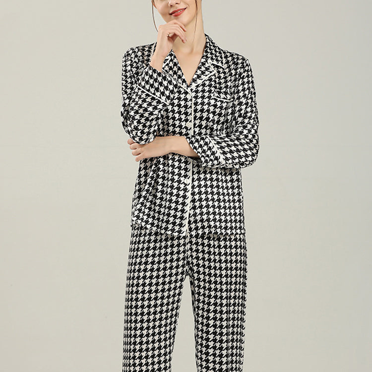 Pure Mulberry Silk Long Sleeves Notch Collar Printing Pajamas Set [SKPA0055]
