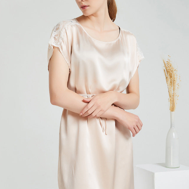 19Momme Pure Mulberry Silk Elegant Mini Belted Sleepshirt [SKSH0008]