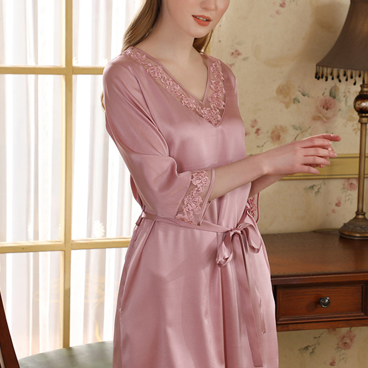 19Momme Pure Mulberry Silk Elegant Above Knee Lace Sleepshirt [SKSH0014]
