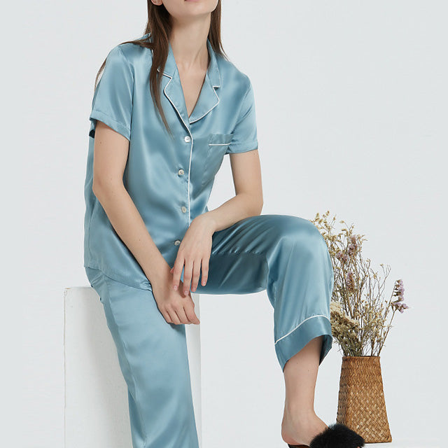 16Momme Pure Mulberry Silk Short Sleeves Notch Collar Pajamas Set [SKPA0011]