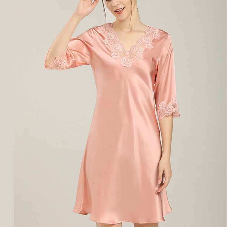 16Momme Pure Mulberry Silk Elegant Above Knee Lace Sleepshirt [SKSH0057]
