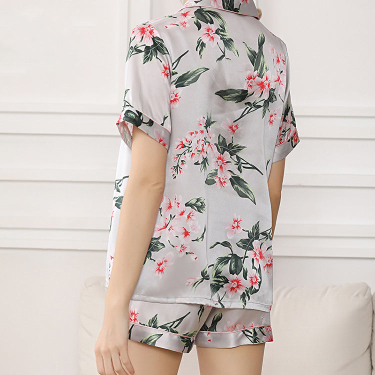 Pure Mulberry Silk Short Sleeves Notch Collar Printing Pajamas Set [SKPA0060]