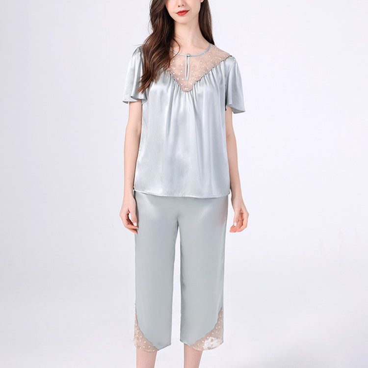 25Momme Pure Mulberry Silk Short Sleeves Round Collar Lace Pajamas Set [SKPA0058]
