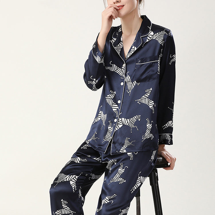 19Momme Pure Mulberry Silk Long Sleeves Notch Collar Printing Pajamas Set [SKPA0030]