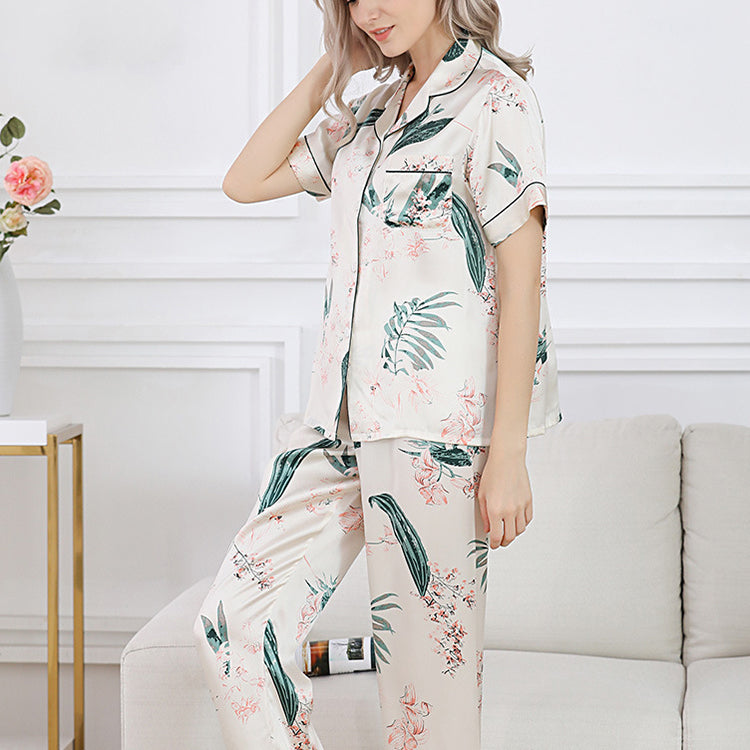 Pure Mulberry Silk Short Sleeves Notch Collar Pajamas Set [SKPA0045]