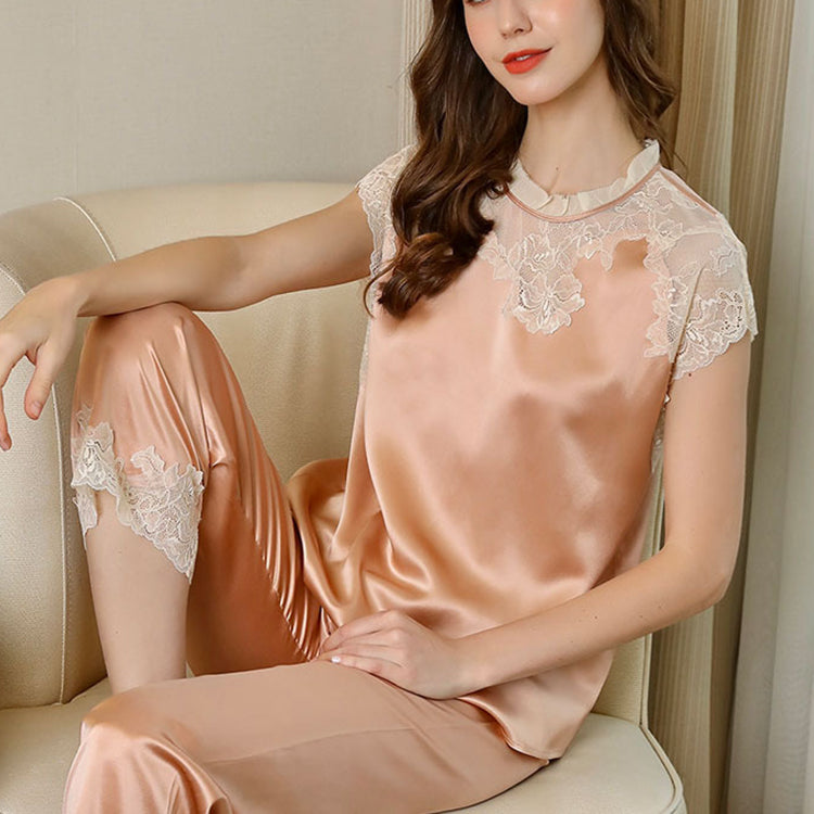 30Momme Pure Mulberry Silk Short Sleeves Round Collar Lace Pajamas Set [SKPA0049]