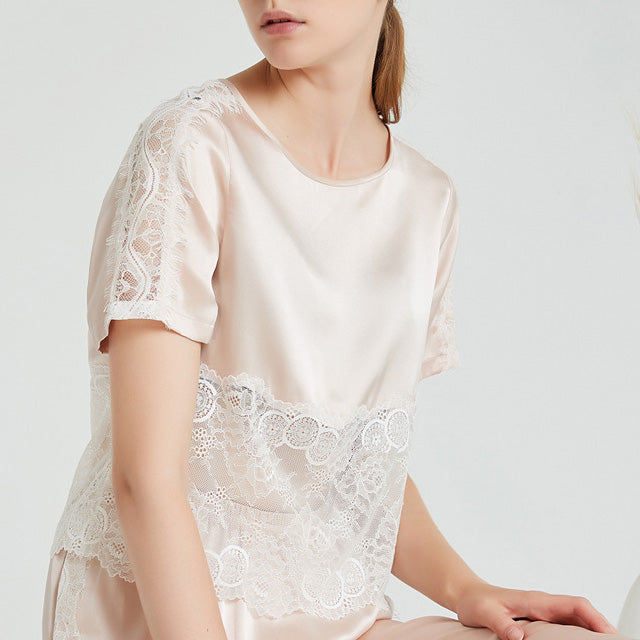 19Momme Pure Mulberry Silk Short Sleeves Round Collar Lace Pajamas Set [SKPA0010]