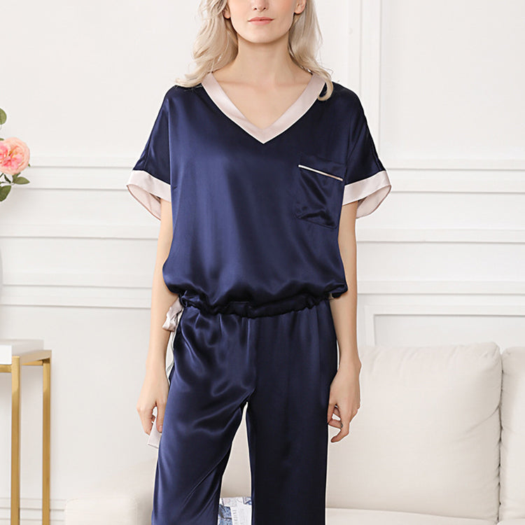 19Momme Pure Mulberry Silk Short Sleeves V Collar Pajamas Set [SKPA0061]
