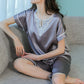 Pure Mulberry Silk Short Sleeves Round Collar Lace Pajamas Set [SKPA0005]