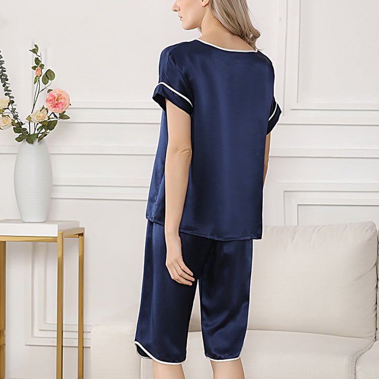 Pure Mulberry Silk Short Sleeves Round Collar Lace Pajamas Set [SKPA0051]