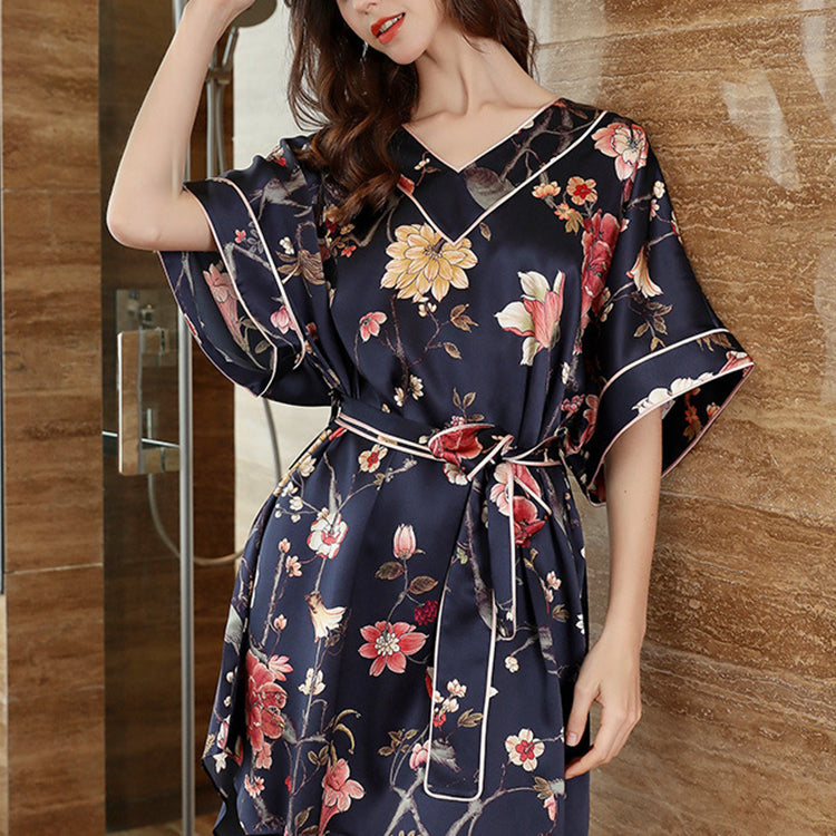 19Momme Pure Mulberry Silk Sweet Above Knee Printing Sleepshirt [SKSH0047]