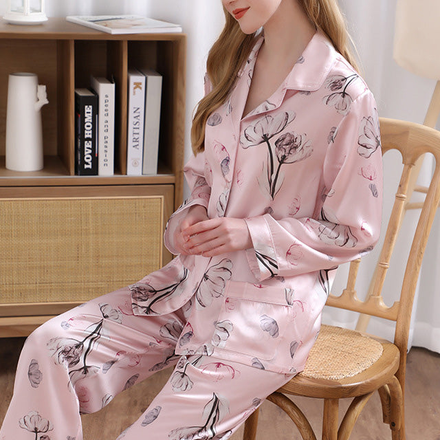 19Momme Pure Mulberry Silk Long Sleeves Notch Collar Printing Pajamas Set [SKPA0002]