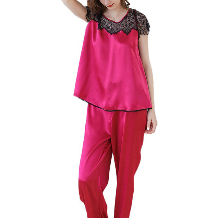 19Momme Pure Mulberry Silk Short Sleeves Round Collar Lace Pajamas Set [SKPA0014]