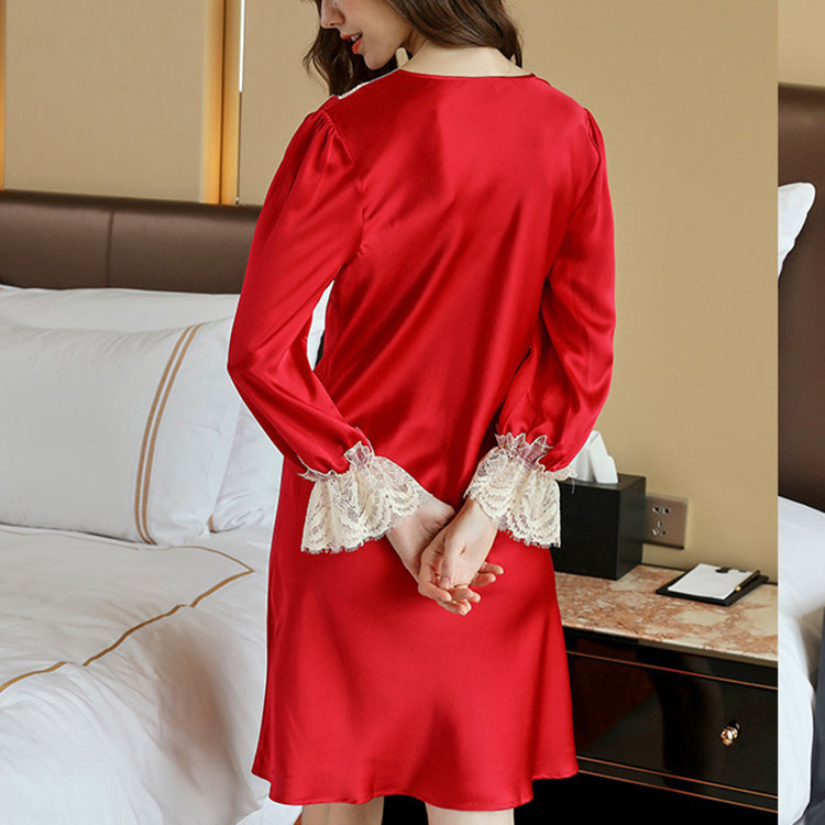 16Momme Pure Mulberry Silk Sweet Above Knee Printing Sleepshirt [SKSH0054]