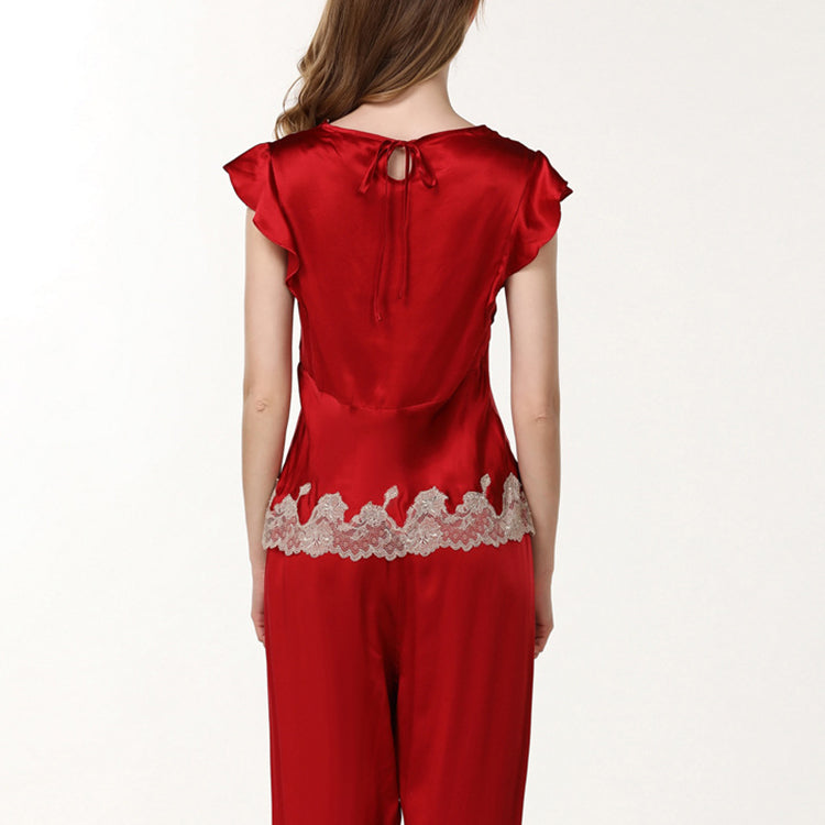 Pure Mulberry Silk Short Sleeves Round Collar Lace Pajamas Set [SKPA0054]