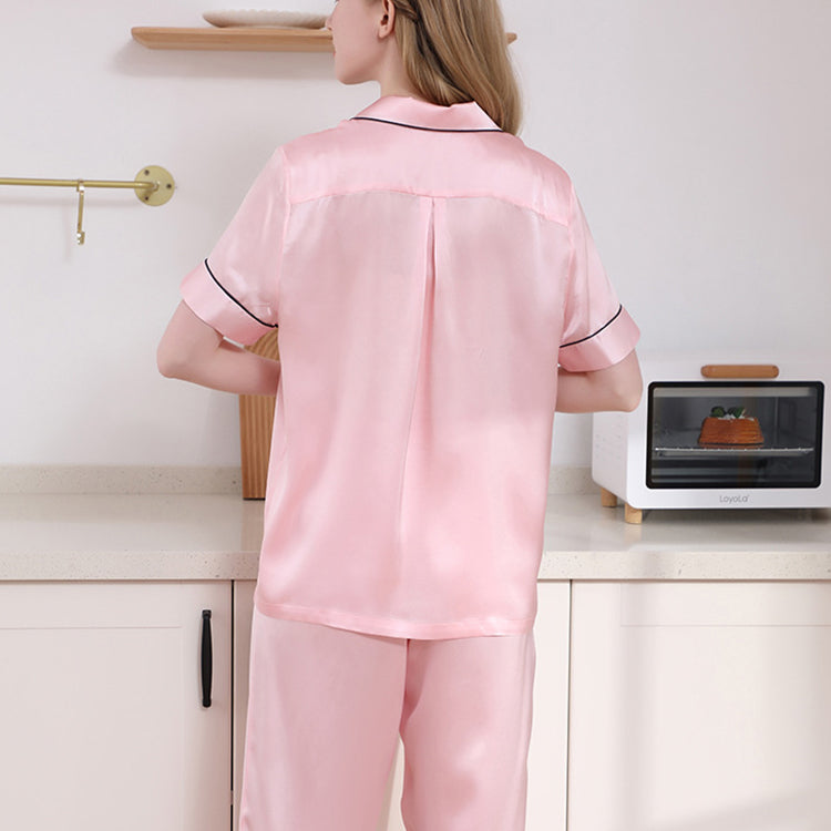 16Momme Pure Mulberry Silk Short Sleeves Notch Collar Printing Pajamas Set [SKPA0017]