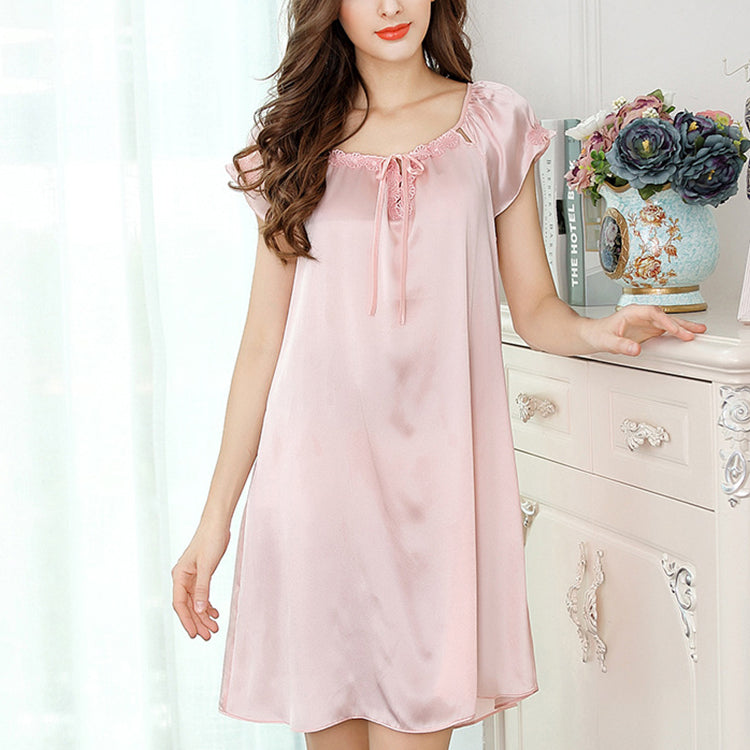 16Momme Pure Mulberry Silk Sweet above Knee Lace Sleepshirt [SKSH0040]