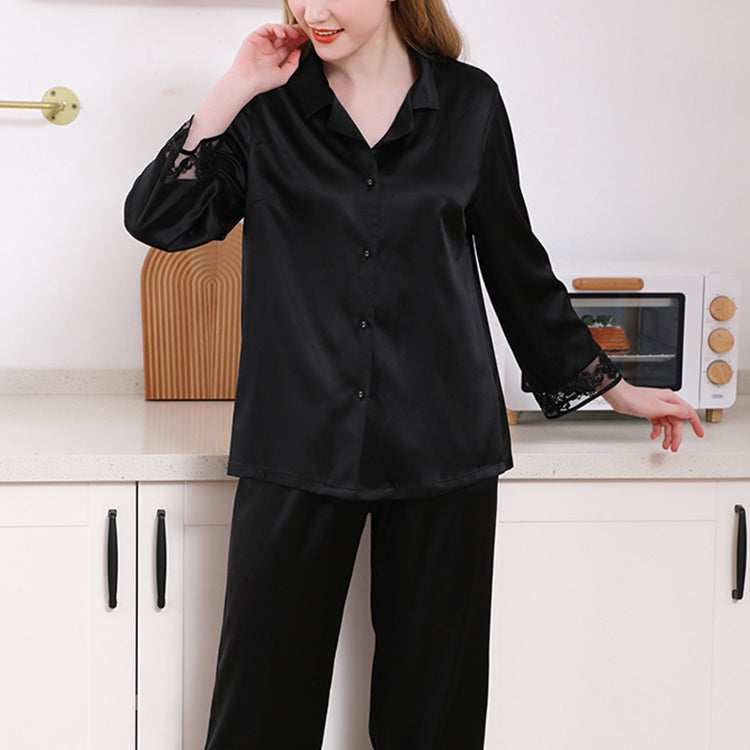 19Momme Pure Mulberry Silk Long Sleeves Notch Collar Lace Pajamas Set [SKPA0022]