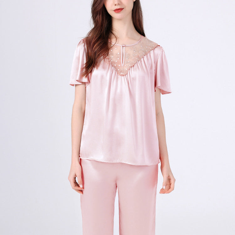 25Momme Pure Mulberry Silk Short Sleeves Round Collar Lace Pajamas Set [SKPA0058]