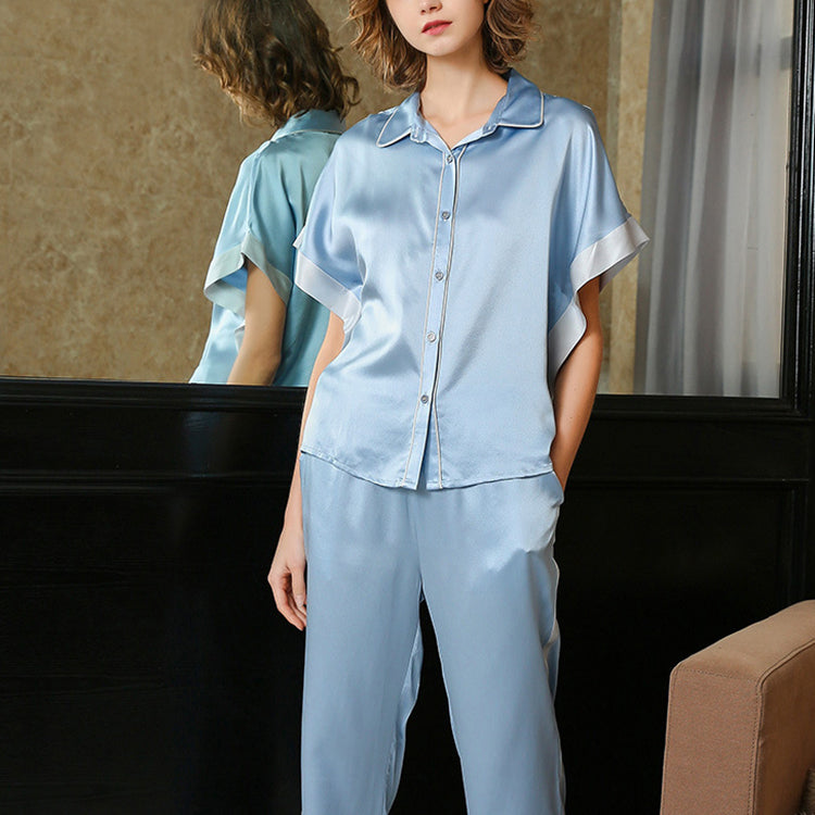 Pure Mulberry Silk Short Sleeves Notch Collar Pajamas Set [SKPA0057]