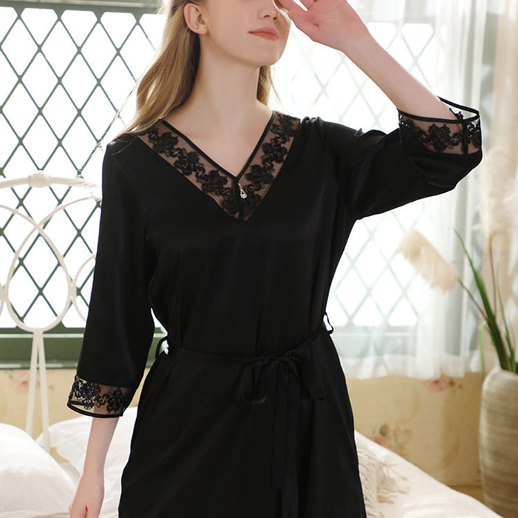 19Momme Pure Mulberry Silk Elegant Above Knee Lace Sleepshirt [SKSH0014]