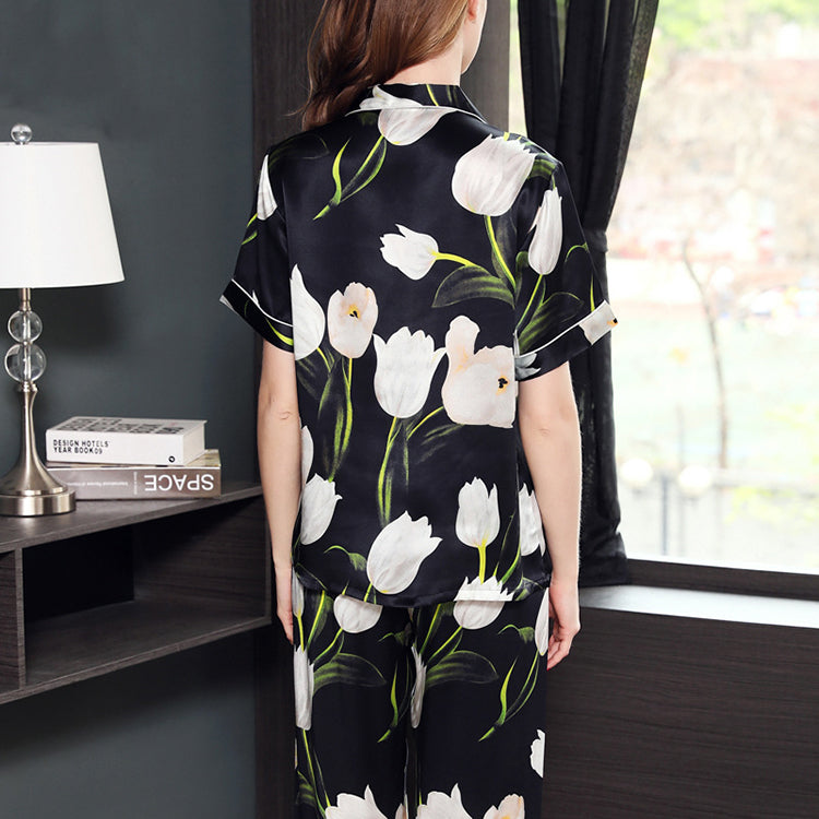 Pure Mulberry Silk Short Sleeves Notch Collar Printing Pajamas Set [SKPA0053]