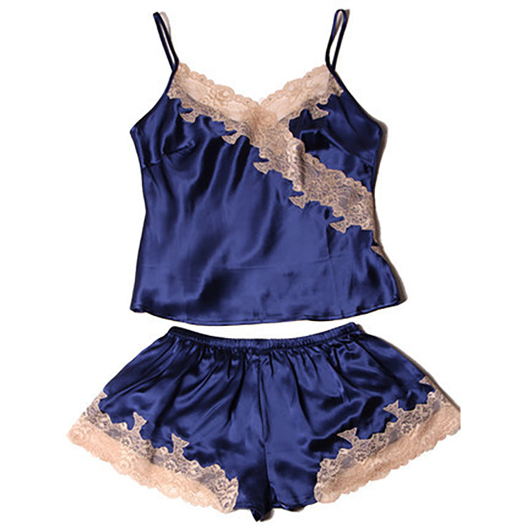 16Momme Pure Mulberry Silk Strap V Collar Lace Pajamas Set [SKPA0041]