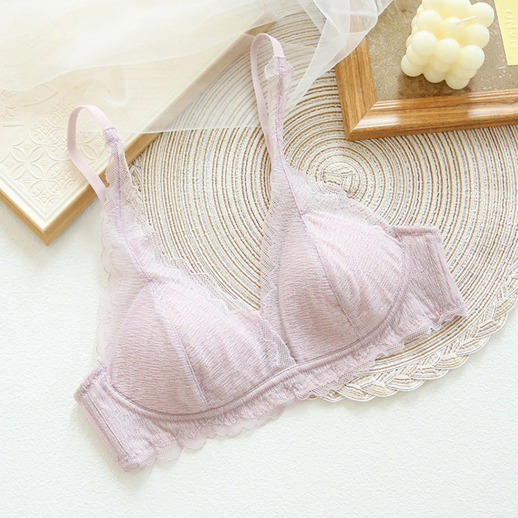 Wireless Sexy Gathered Triangle Lace Mulberry Silk Bras [SKBR0066]