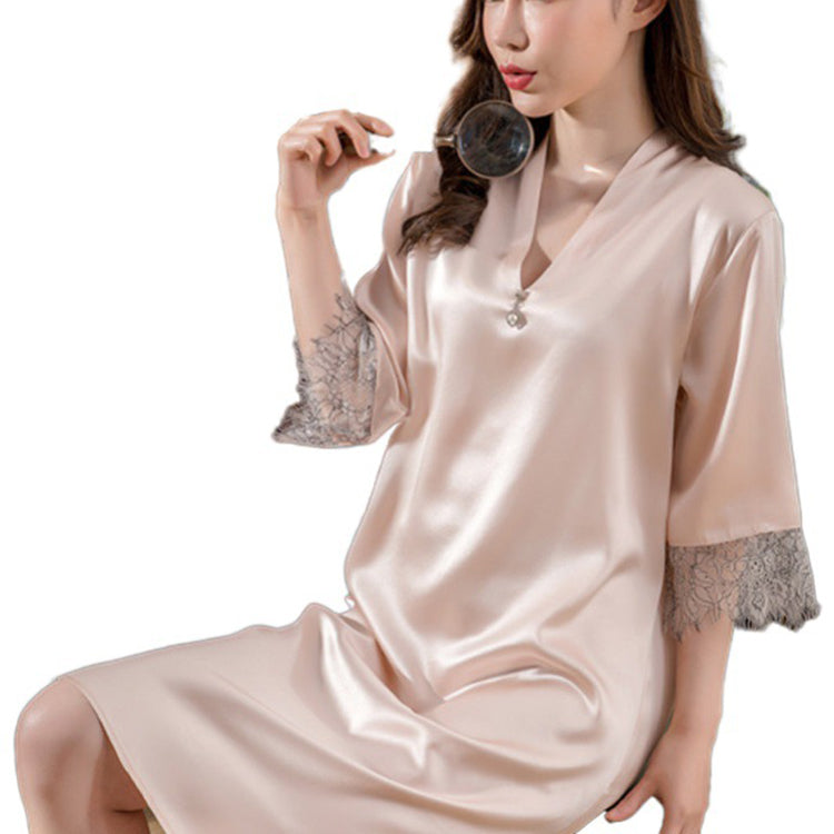 19Momme Pure Mulberry Silk Sexy Above Knee Lace Sleepshirt [SKSH0017]