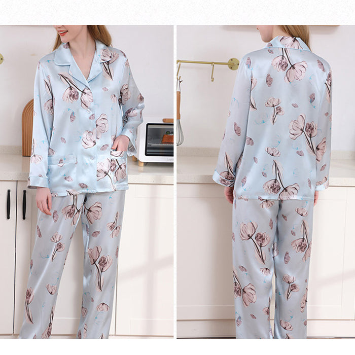 19Momme Pure Mulberry Silk Long Sleeves Notch Collar Printing Pajamas Set [SKPA0002]
