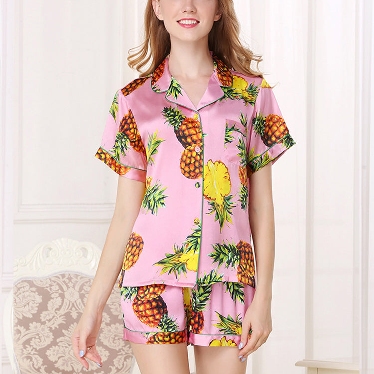 16Momme Pure Mulberry Silk Short Sleeves Notch Collar Printing Pajamas Set [SKPA0040]