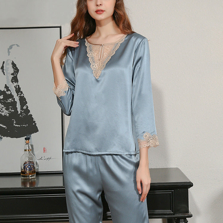 19Momme Pure Mulberry Silk Long Sleeves Round Collar Lace Pajamas Set [SKPA0036]