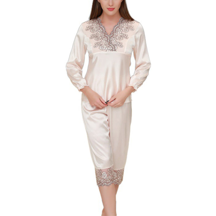 19Momme Pure Mulberry Silk Long Sleeves V Collar Lace Pajamas Set [SKPA0026]