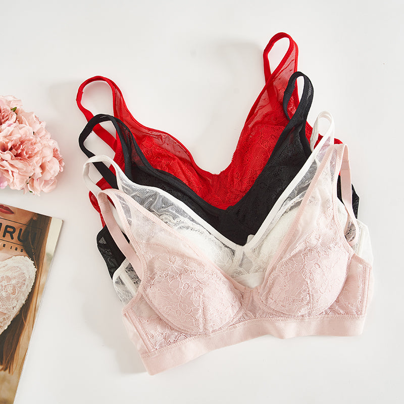 Wireless Romantic Gathered 3/4 Cup Lace Mulberry Silk Bras [SKBR0028]