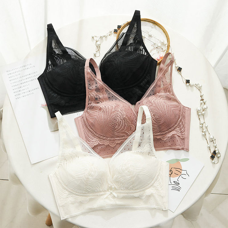 Wireless Romantic Gathered 3/4 Cup Lace Mulberry Silk Bras [SKBR0040]