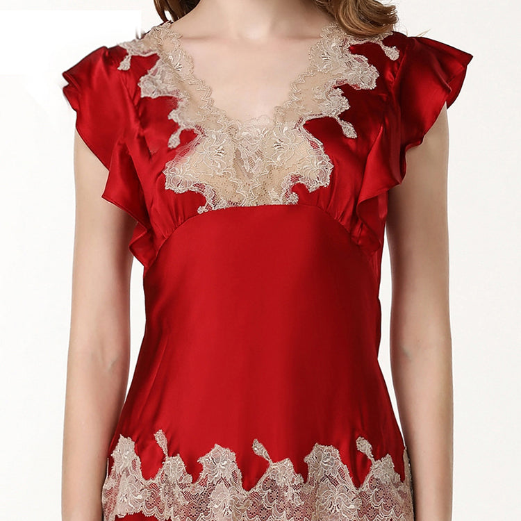 Pure Mulberry Silk Short Sleeves Round Collar Lace Pajamas Set [SKPA0054]