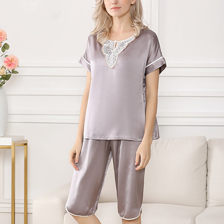 Pure Mulberry Silk Short Sleeves Round Collar Lace Pajamas Set [SKPA0051]