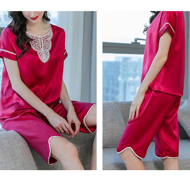 Pure Mulberry Silk Short Sleeves Round Collar Lace Pajamas Set [SKPA0005]