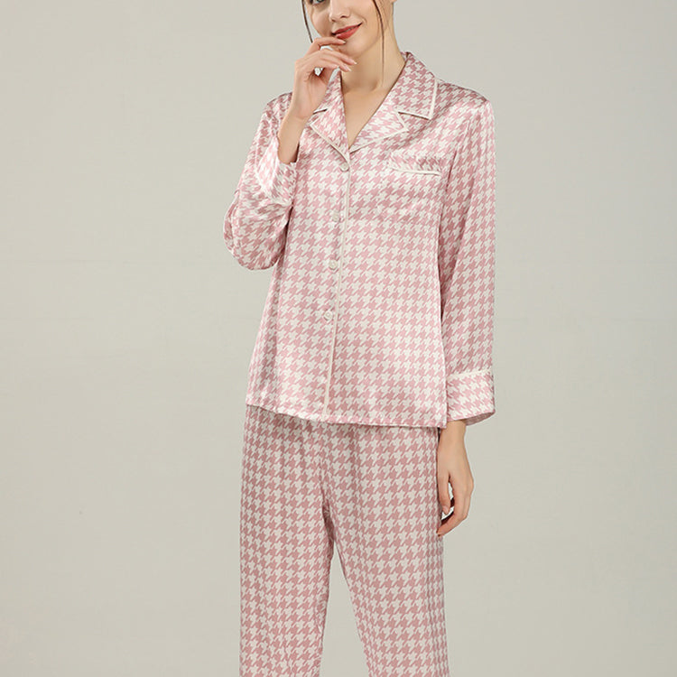 Pure Mulberry Silk Long Sleeves Notch Collar Printing Pajamas Set [SKPA0055]