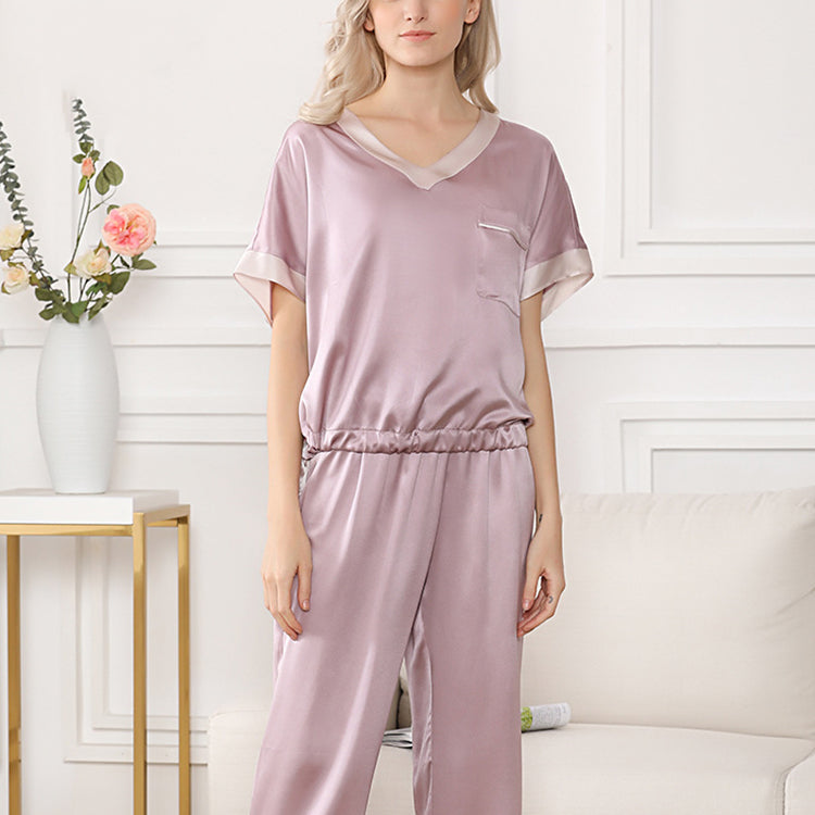 19Momme Pure Mulberry Silk Short Sleeves V Collar Pajamas Set [SKPA0061]