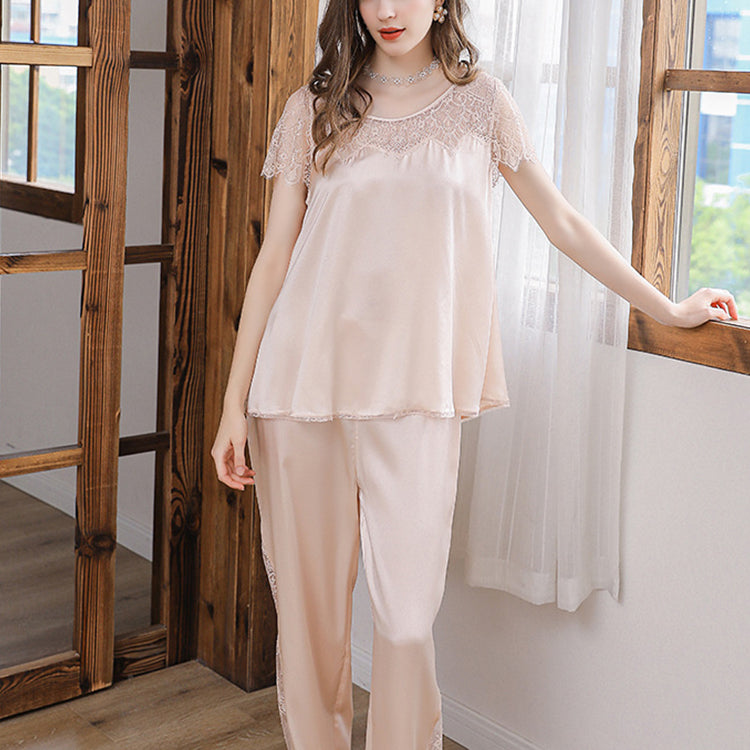 19Momme Pure Mulberry Silk Short Sleeves Round Collar Lace Pajamas Set [SKPA0014]