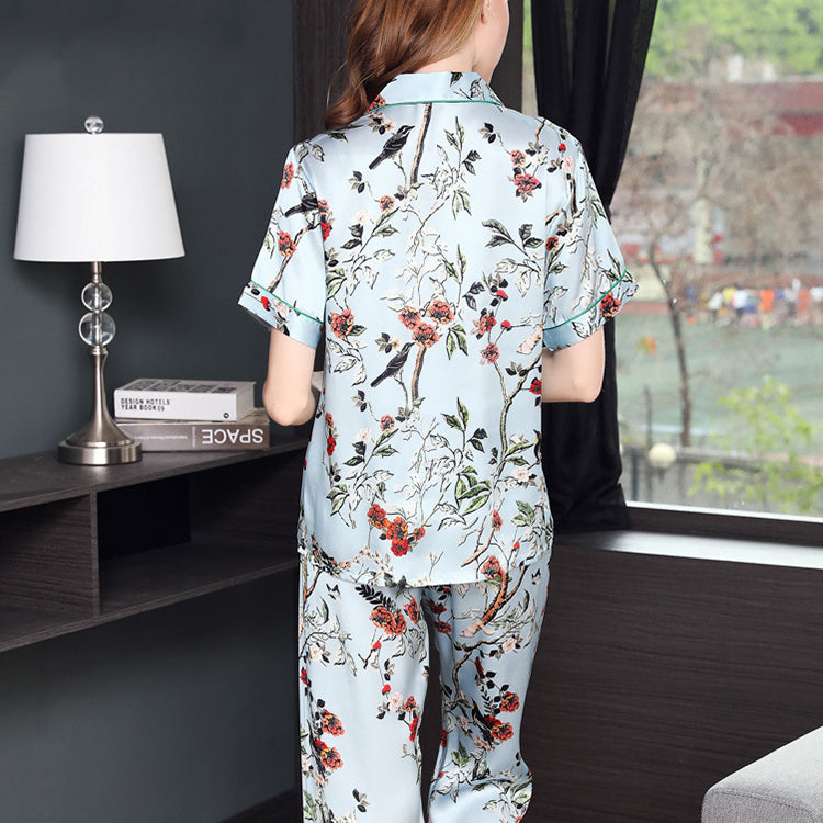 16Momme Pure Mulberry Silk Short Sleeves Notch Collar Printing Pajamas Set [SKPA0063]