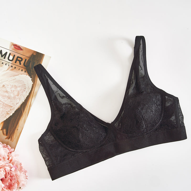 Wireless Romantic Gathered 3/4 Cup Lace Mulberry Silk Bras [SKBR0028]