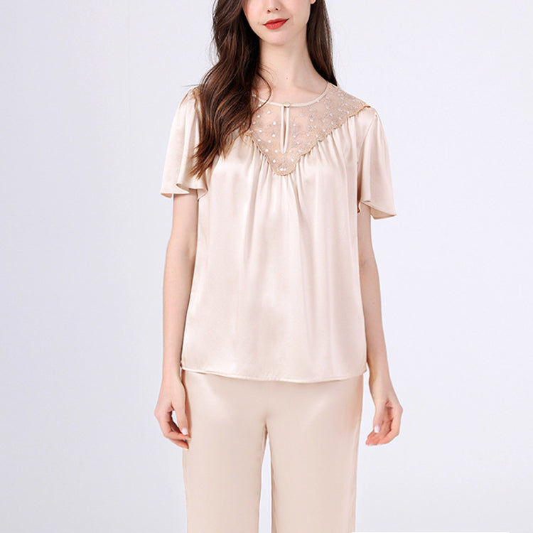25Momme Pure Mulberry Silk Short Sleeves Round Collar Lace Pajamas Set [SKPA0058]