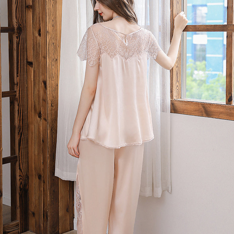19Momme Pure Mulberry Silk Short Sleeves Round Collar Lace Pajamas Set [SKPA0014]