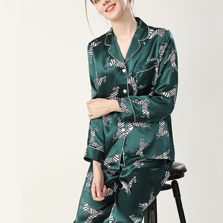 19Momme Pure Mulberry Silk Long Sleeves Notch Collar Printing Pajamas Set [SKPA0030]