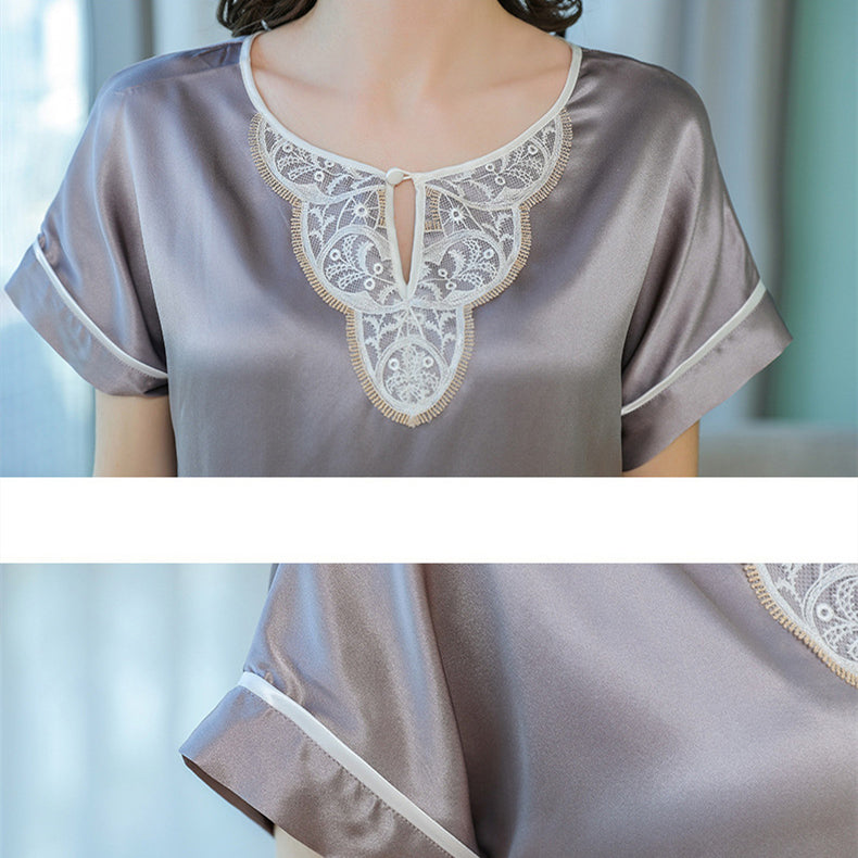 Pure Mulberry Silk Short Sleeves Round Collar Lace Pajamas Set [SKPA0005]