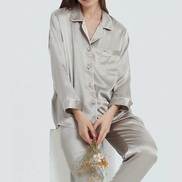 16Momme Pure Mulberry Silk Long Sleeves Notch Collar Pajamas Set [SKPA0007]